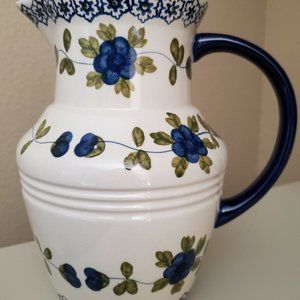 TABLETOPS Gallery Nicolette White Blue Floral Ceramic 9” PITCHER Berries on Vine